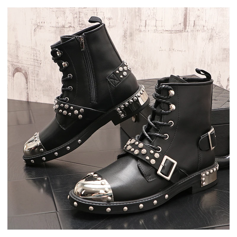 men luxury fashion stage nightclub dress high boots trend rivets shoes spring autumn original leather boot long botas masculinas