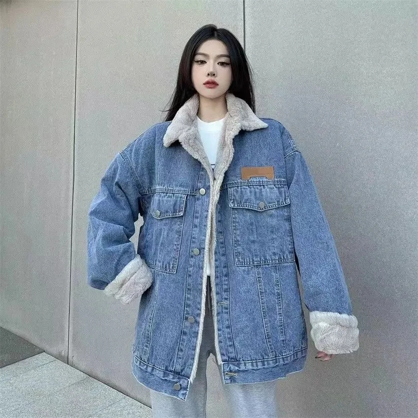 Women Denim Winter Coat Casual Loose Thicken Loose Denim Jackets Add Velvet Warm Padded Cotton Parkas Jacket Female W1074