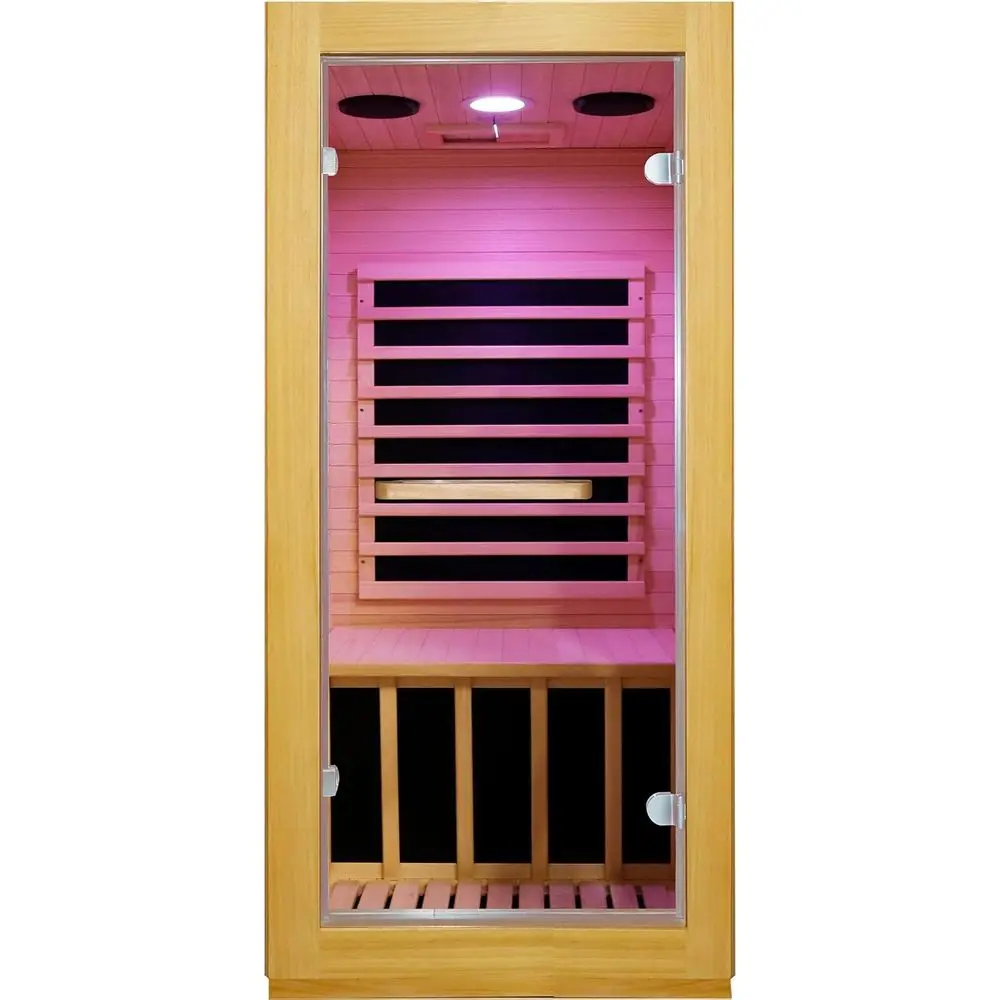Sauna Inrared Saunas de interior Hogar Obeche Madera 900W Saunas secos de bajo EM Spa para una sola persona con luz de 7 colores