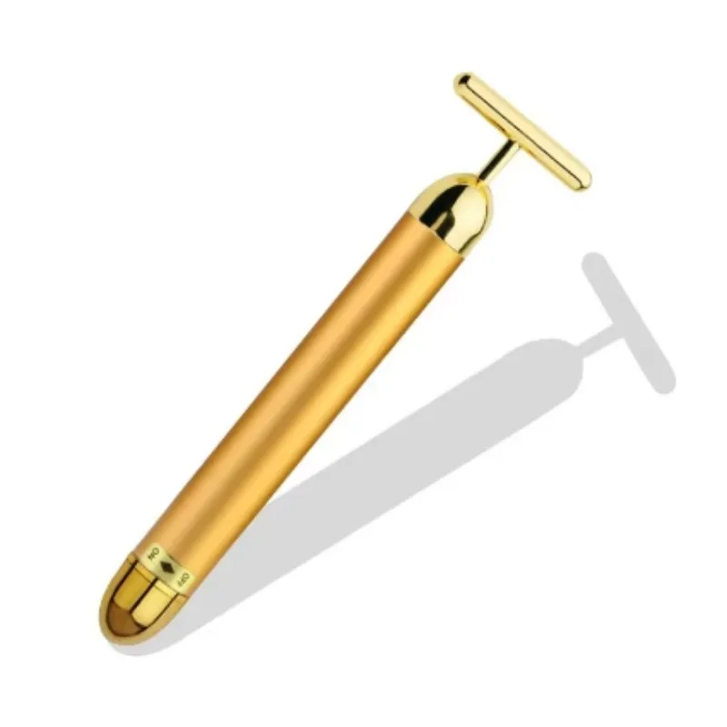 24K Gold T-shaped Facial Roller Vibrating Lifting Pulse Firming Massager Wrinkle Treatment Skin Tightening Energy Beauty Stick