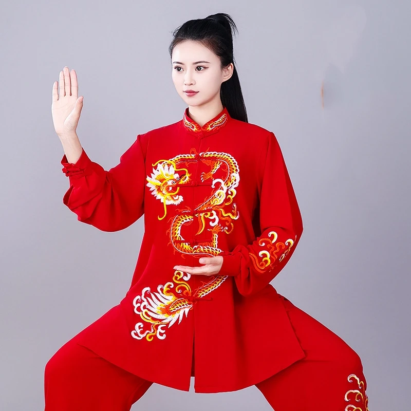 Seta chinês tradicional tai chi wushu kungfu terno dragão bordado artes marciais wing chun treinamento exercício matinal