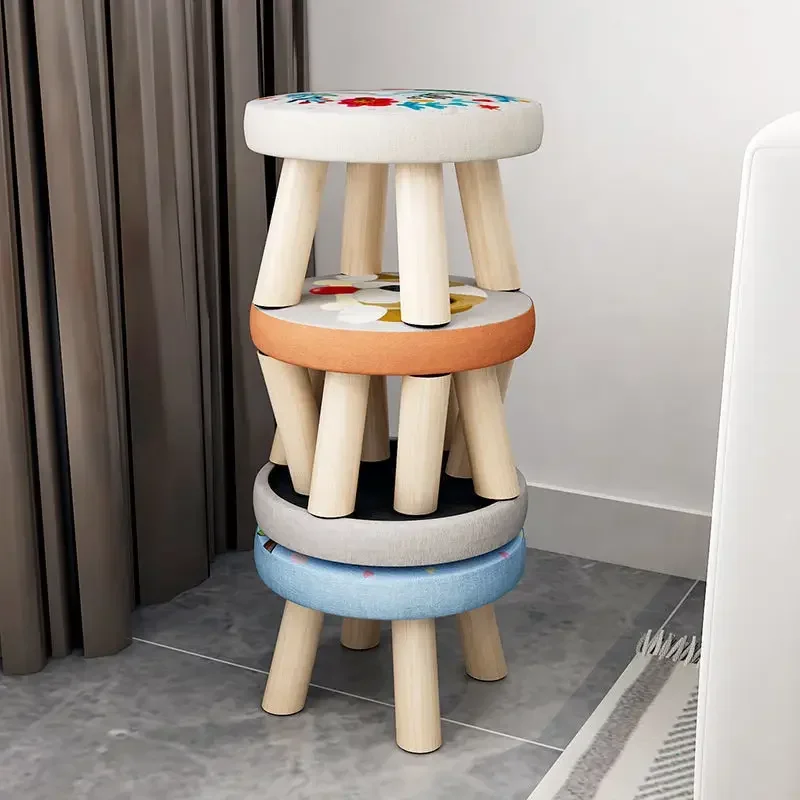 Cartoon Small Wooden Stool Round Footrest Seat with Non-Slip Pad Household Kids Ottoman for Living Room Hallway Sofa Tea Stools