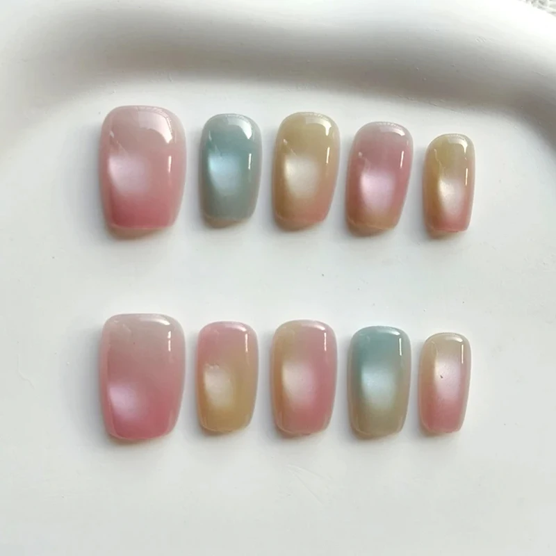 10pcs Short Candy Color Rainbow Gradient Cat\'s Eye False Nails Square Head Girl Lady Press on Nail Wearable Detachable Nail Tips