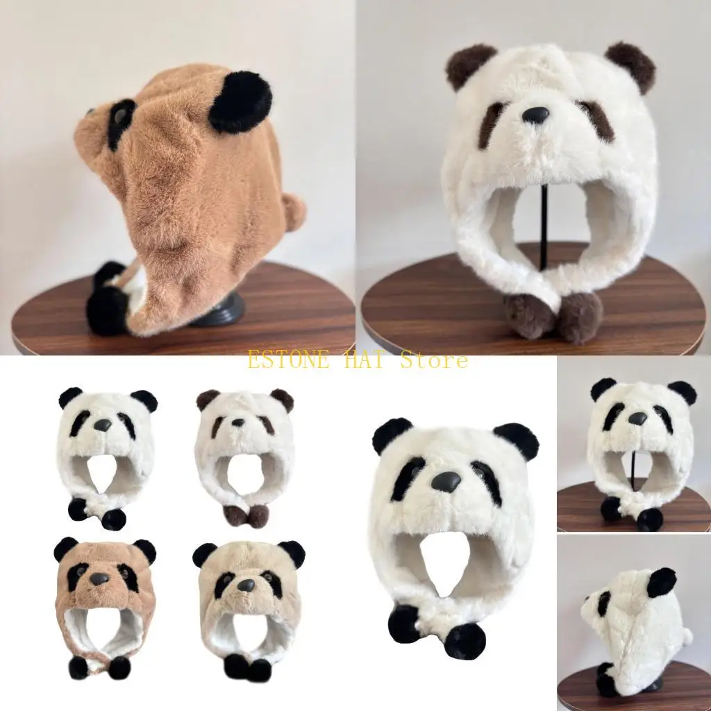 49MF Furry Plush Panda Hat Warm Ear Flap Hat Cold Weather Headwear Casual Wear Hat