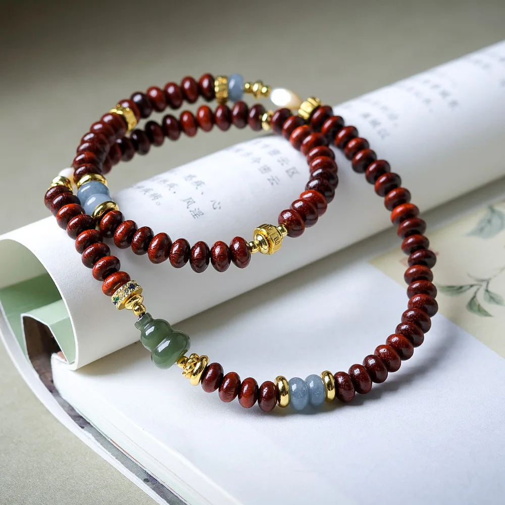 

Rosewood and Blue Jadeite Double-Circle Bracelet Cultured Jade Gourd Bead Bracelet with Sophisticated Appeal