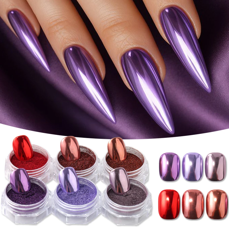 6-Farben-Nagelkunst-Glitzerpulver mit Spiegeleffekt, metallisches lila-rotes Spiegelpulver-Set, parfümfreier Nagelkunst-Glitzer für Gel-Nagellack
