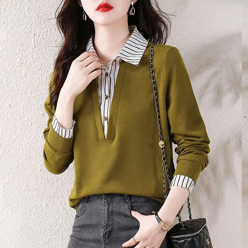 Fashionable Long Sleeve Printed Shirt Women's Base Layer Top Spring Autumn Large Size T-Shirt Outerwear Business Linen Blend