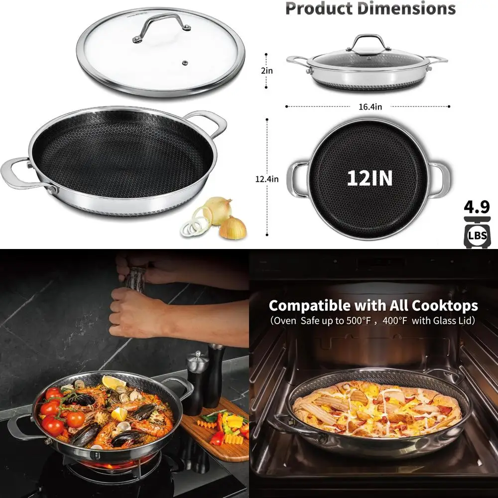 

12 Inch Multi-Functional Stainless Steel Nonstick Skillet with Lid and Two Handles - Oven and Dishwasher Safe Paella Pan for Ver