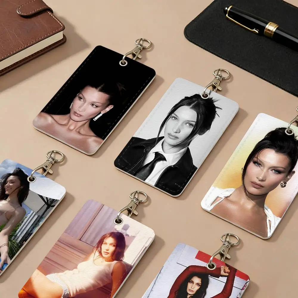 American Fashion Models Bella H-Hadid PU Leather Card Holders Anti-lost Protective Cover Cases Campus Access Cards Key Chain