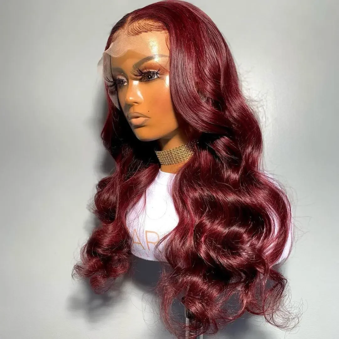 Perruque Lace Front Wig sans colle ondulée rouge vin pour femmes noires, perruque préplumée, cheveux de bébé, densité 180, degré de chaleur, longue, 26 pouces, 03/3