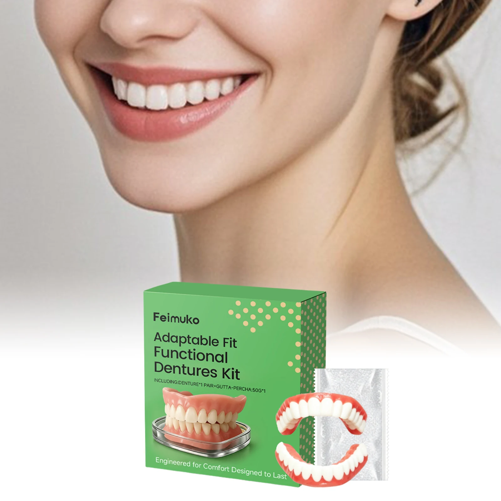 Feimuko Adaptable Fit Functional Dentures Kit - Secure Fit, Comfortable To Wear…