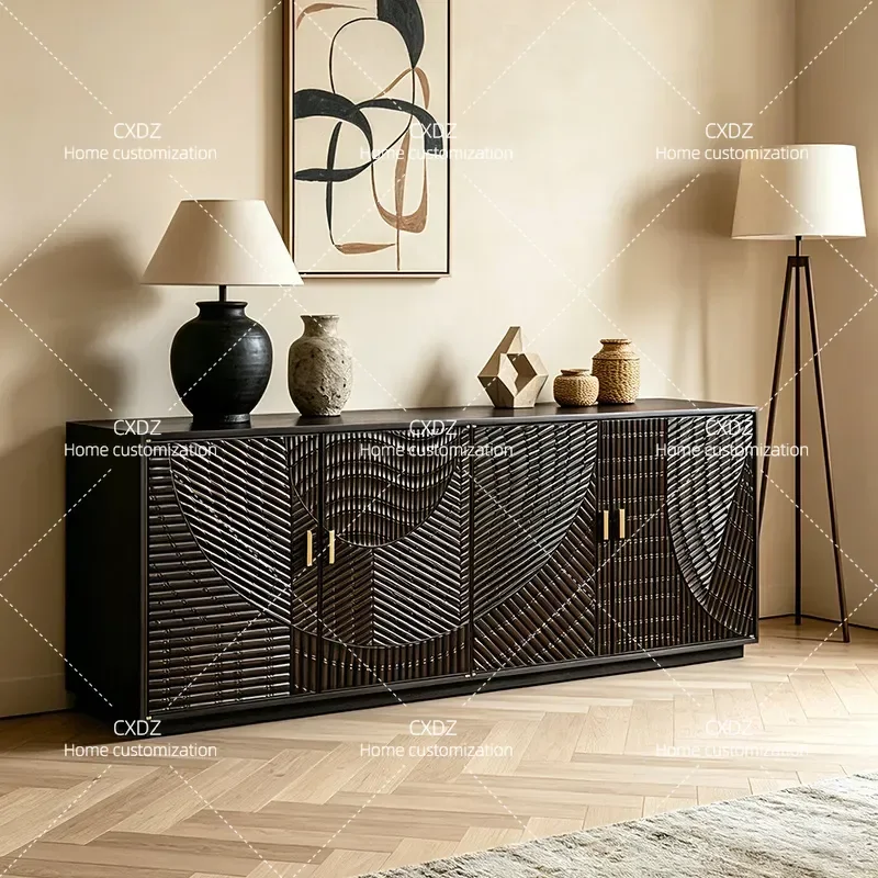 Light Luxury Bamboo Carving Dining Side Cabinet High End Solid Wood Storage Cabinet Modern Floor to Ceiling Entrance Cabinet