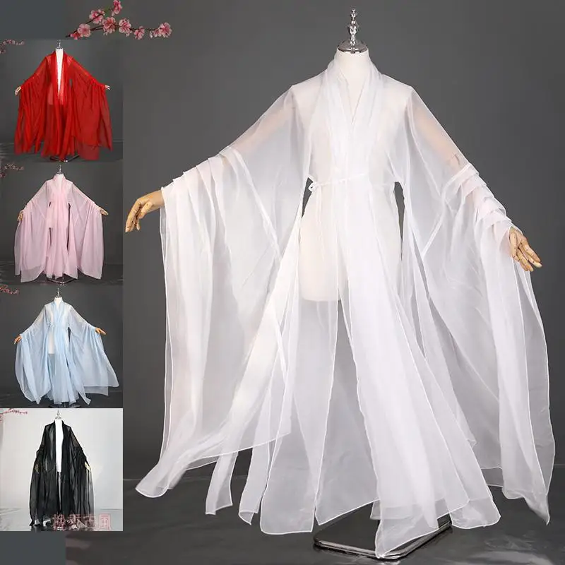 Ancient Style Chinese Hanfu Cloak Folk Dance Stage Performance Costume Cloak Elegant Tulle Chiffon Large Sleeves Hanfu Cardigan