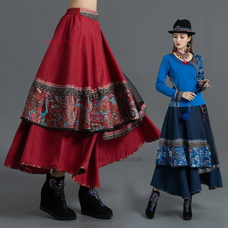 

2024 chinese vintage elastic waist skirt national flower print ethnic skirt oriental traditional folk a-line corduroy skirt