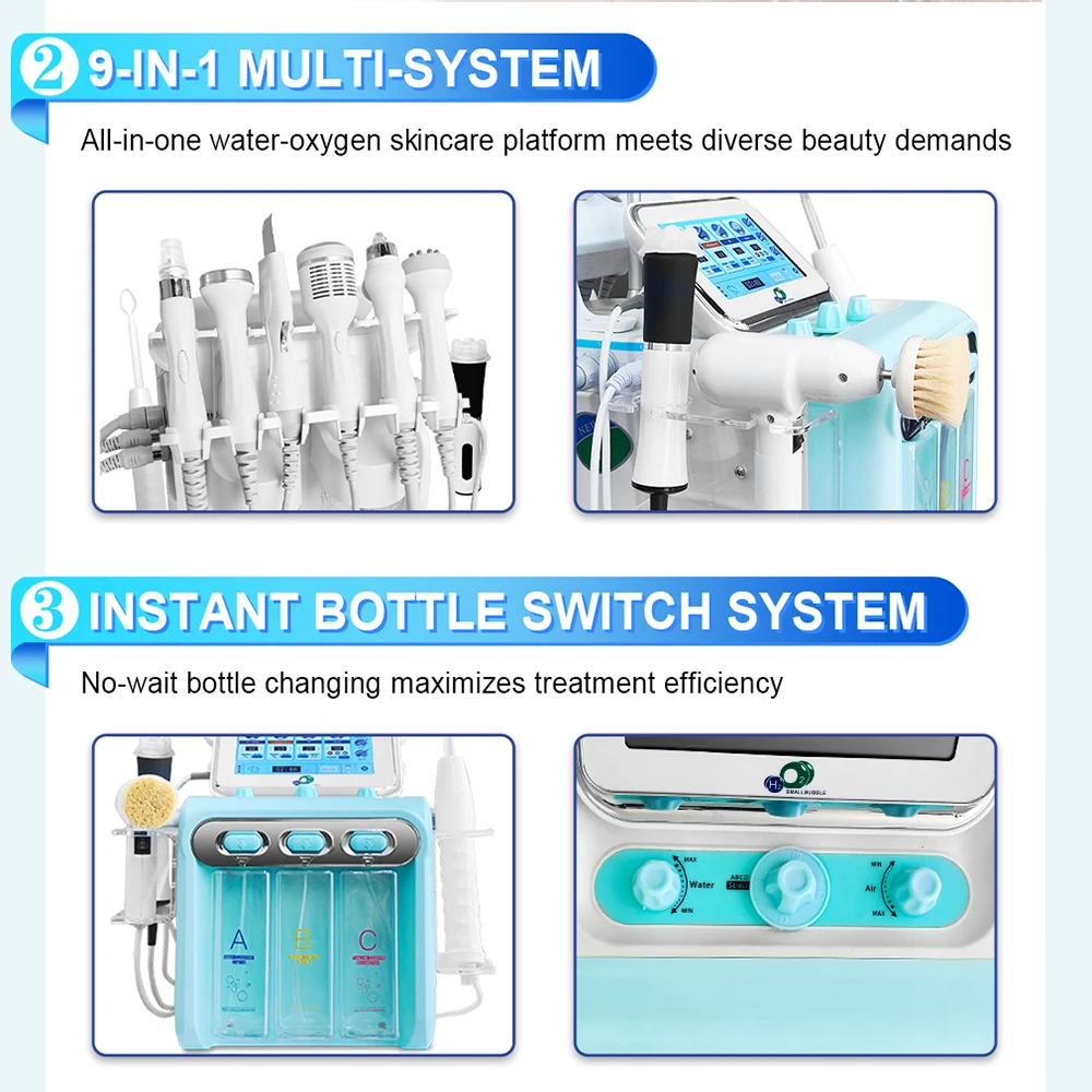 CE-geprüftes 9-in-1 H202 Small Bubble Oxgan Gesichtsgerät, Reinigung des Gesichts, Vacumm-Mitesser-Spritzpistole, Hydra-Spitzen für Salon und Zuhause