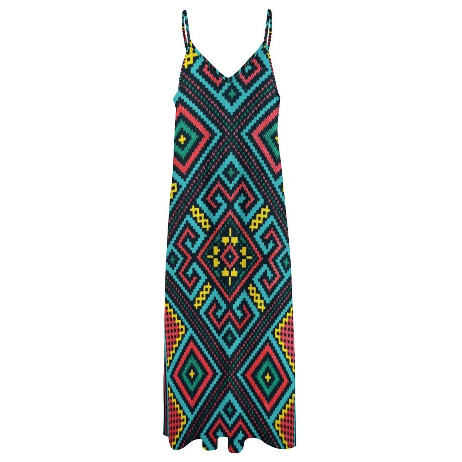 Bright boho pattern, Bohemian teal kilim geometrical pattern Sleeveless Dress women party dresses Women's summer dresses