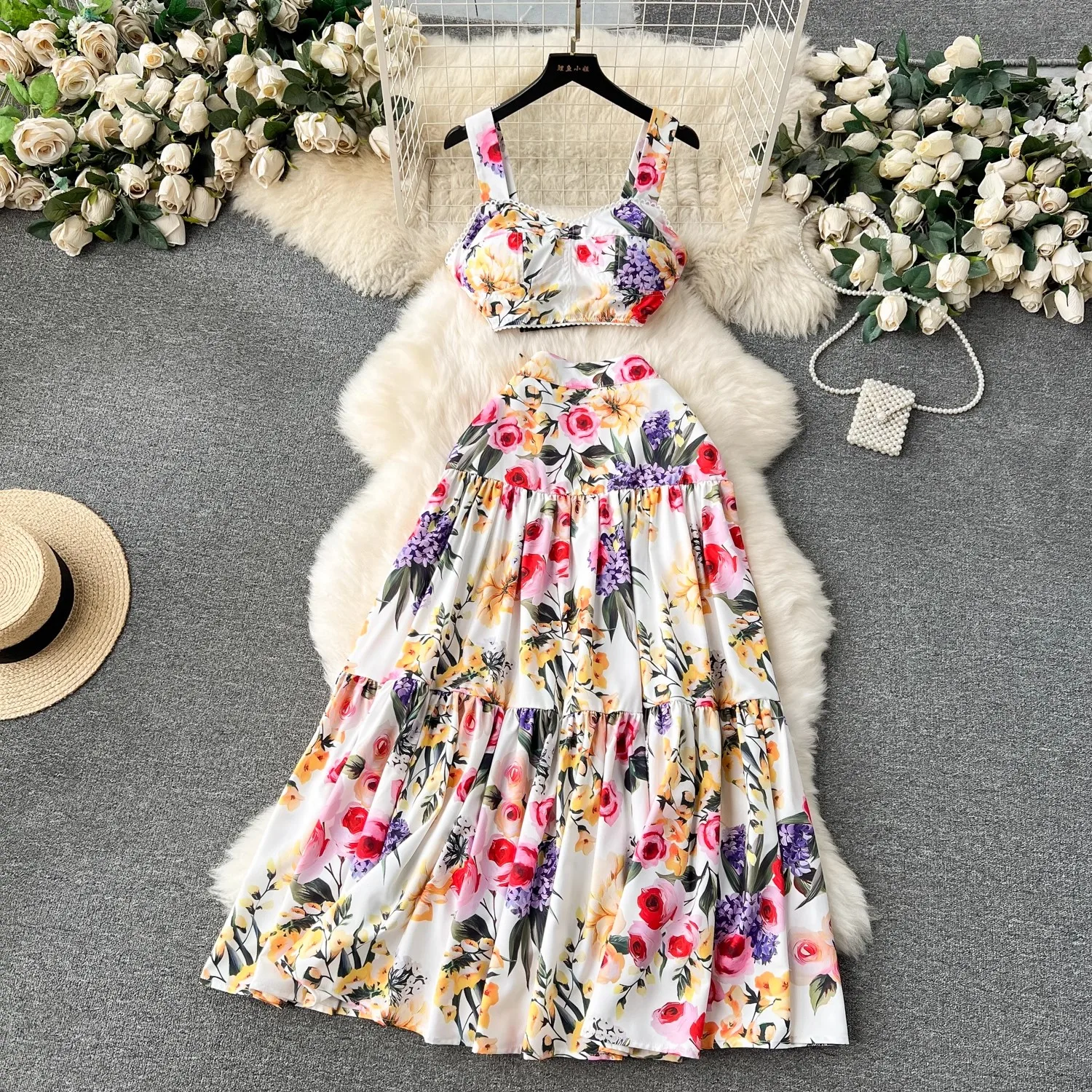 Runway Summer Maxi Skirt Top Suit Two Pieces Womens Outfits Fashion Floral Print Spaghetti Strap Holiday Beach Dress Set