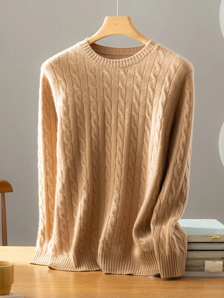 2025 Men's 100% Cashmere Cable Knit Sweater Autumn Winter O-neck Thick Long Sleeve Pullover Smart Casual Cashmere Knitwear Tops