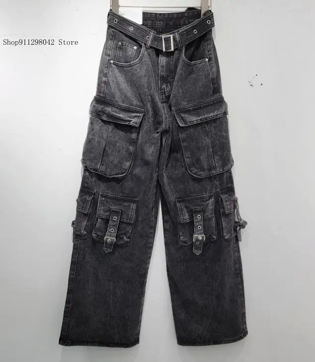 American Vibe High Street Multi Pocket Black Workwear Denim High Waist Loose Wide Leg Floor Pants for Women