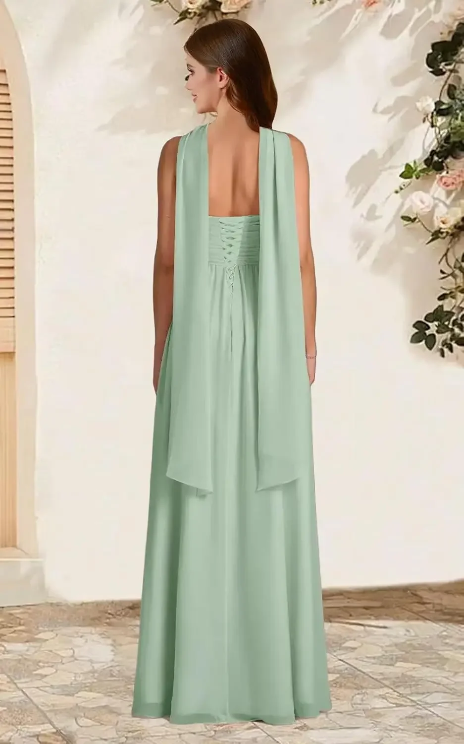 Scarf Chiffon Bridesmaid Dresses Strapless Ruffle Slit Long Formal Evening Dress with Pockets Prom Dress Party Graduation Dress