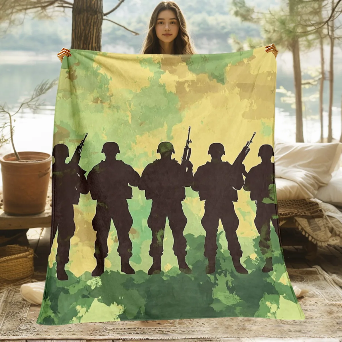 1pc Military Soldier Silhouette Camouflage Flannel Blanket Army Theme Decor For Men's Bedroom Tactical Style Soft Throw