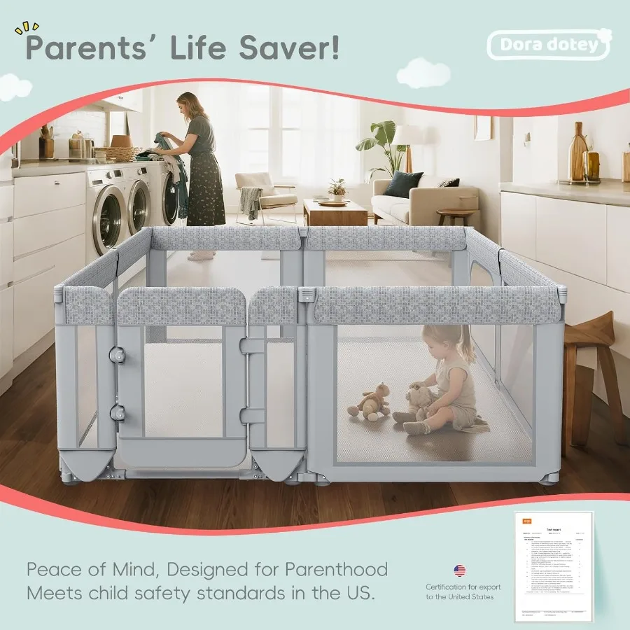 روضة أطفال مع بوابة، قلم لعب قابل للتعديل وقابل للطي، منطقة لعب سياج شديدة التحمل، روضة أطفال كبيرة (طباعة رمادية، 79 × 71 × 27 بوصة) #5