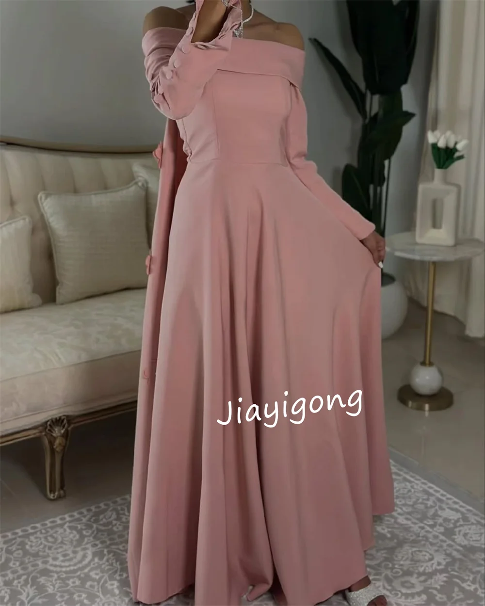 Customized Formal Jersey Button Pleat Applique A-line Boat Neck Long Dresses Bespoke Occasion Fashion Matching