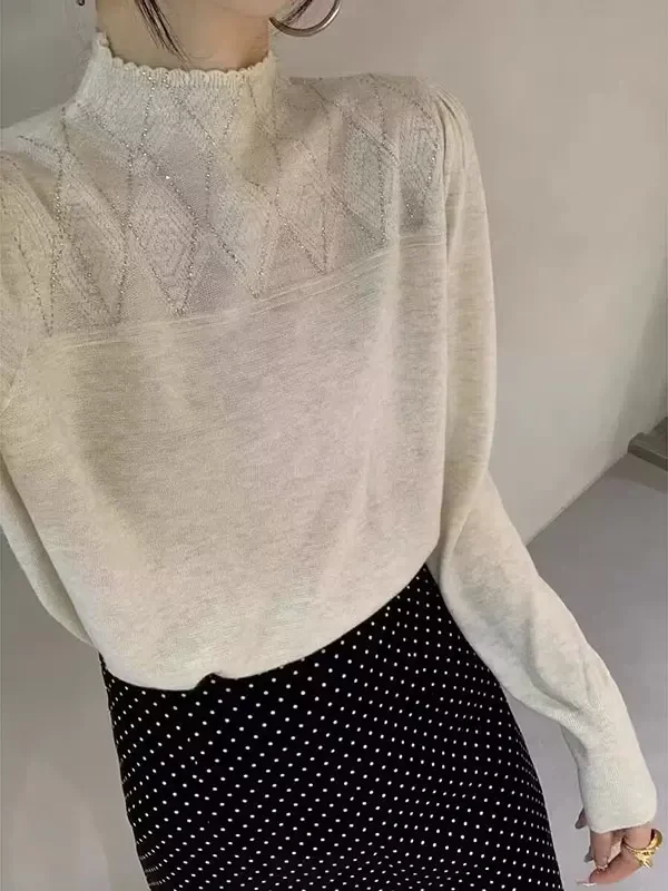 

Сводная тонкая трикотажная основа для женщин, осень-зима, новый универсальный полувысокий воротник с ромбовидными украшениями для поездок на работу...