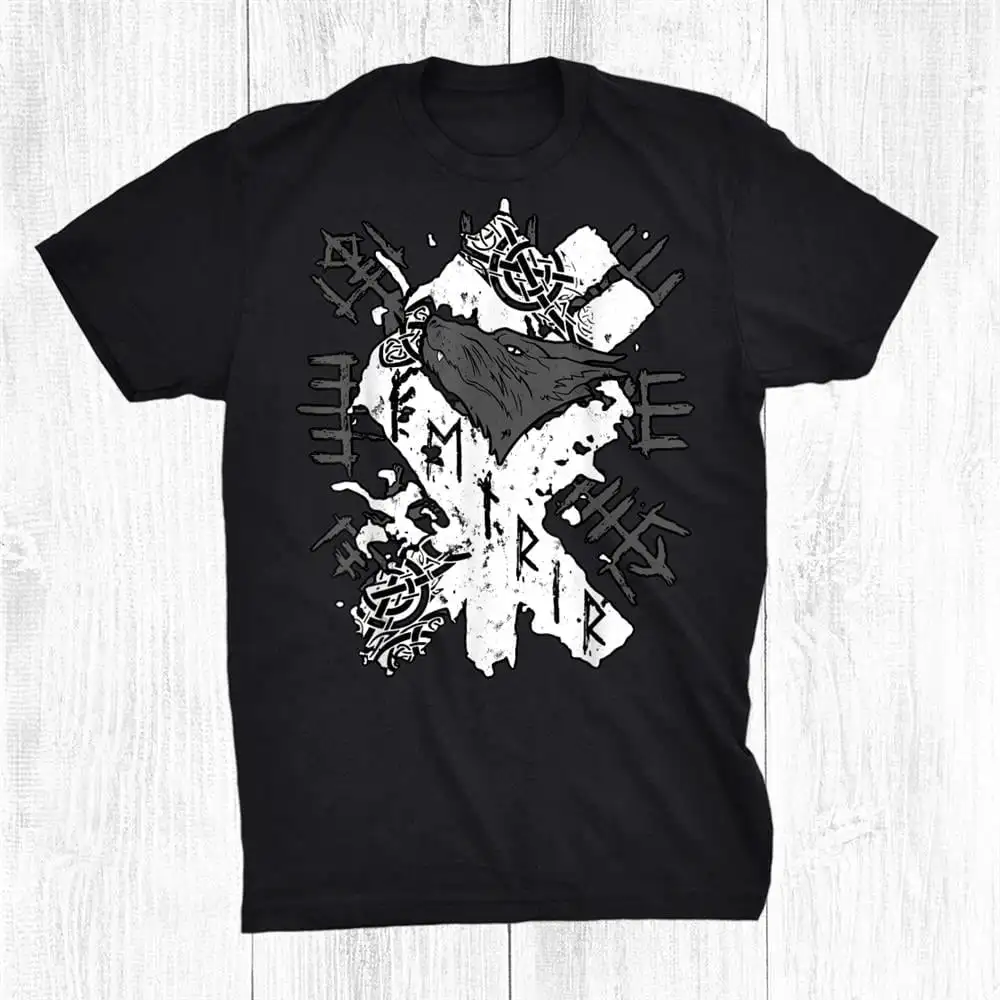 

Norse Myth Fenrir Wolf and Vegvisir Runes Symbol T-Shirt 100% Cotton O-Neck Short Sleeve Summer Casual Mens T-shirt Streetwear