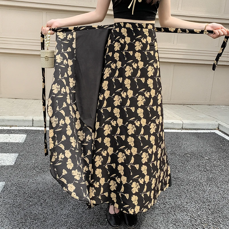 Wrap One-Piece Skirts Women Floral Printed Chiffon Skirts Spring Summer with Liner Holiday Long Skirts High Waist Saias Mujer