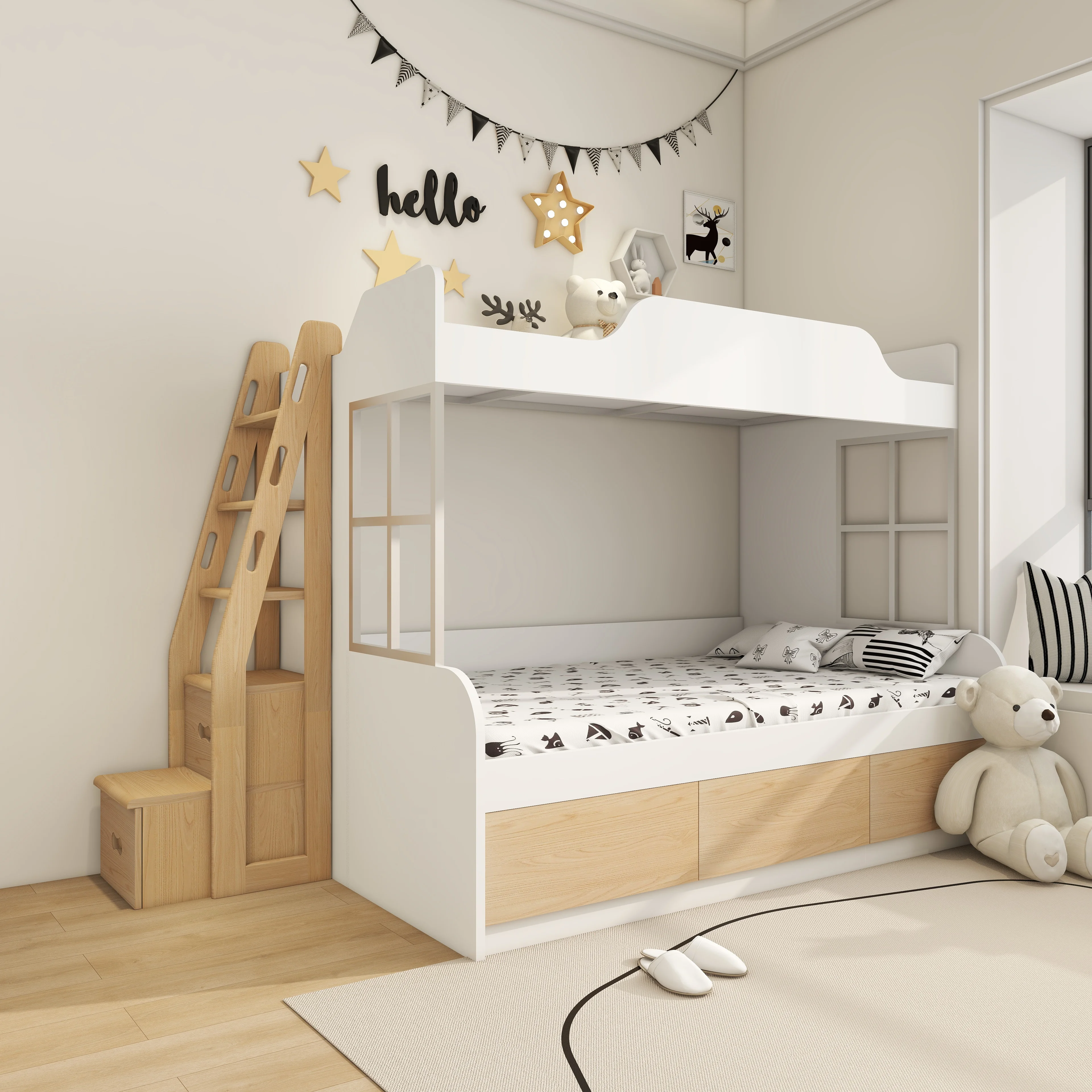 Lemari tangga kayu solid, tempat tidur susun, lemari tangga, tempat tidur induk, lemari tangga anak, tempat tidur anak multifungsi