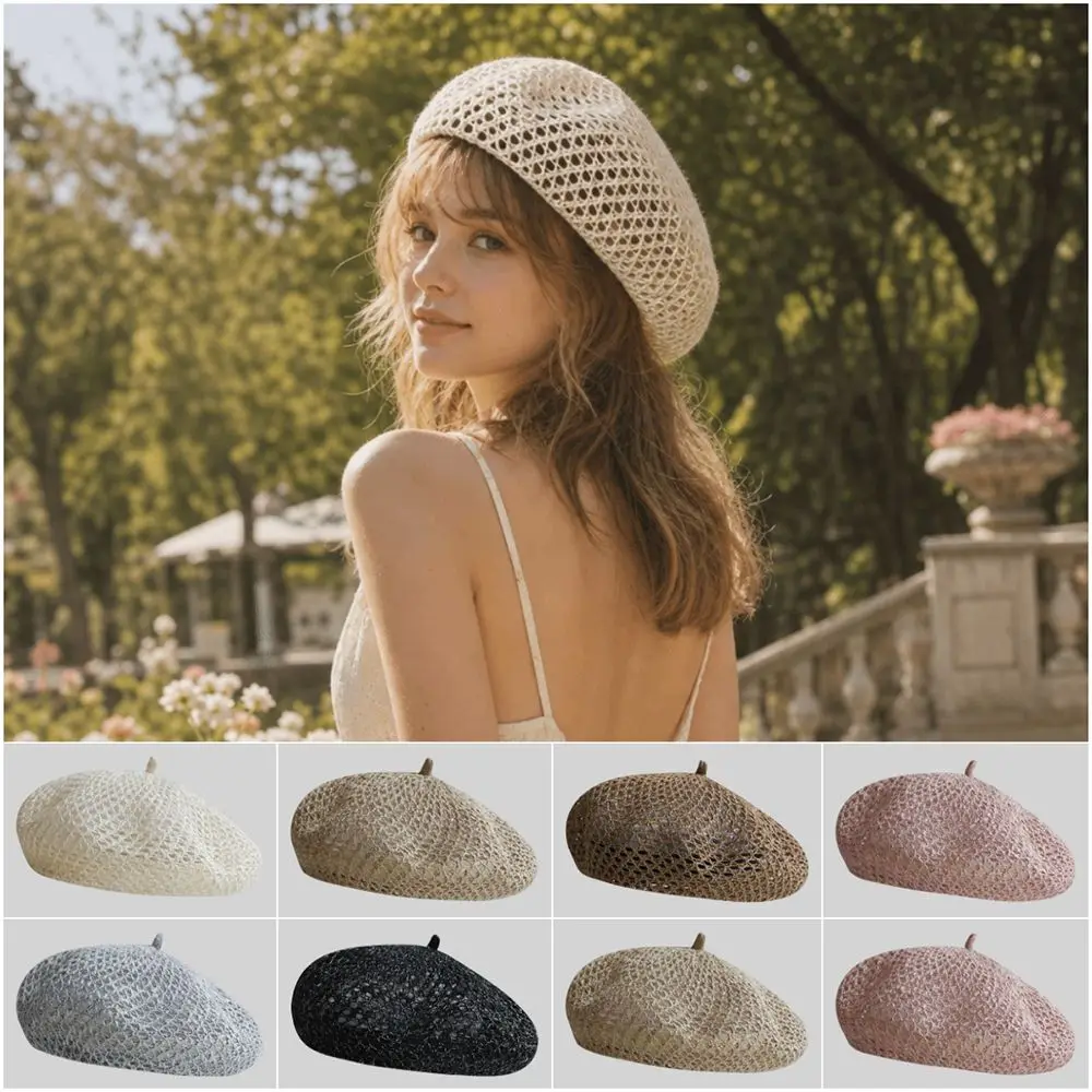 Elegant Solid Color Hollow Beret Bright Thread Breathable Painter Hat Hollow Knitted Thin Pumpkin Hat Summer Season
