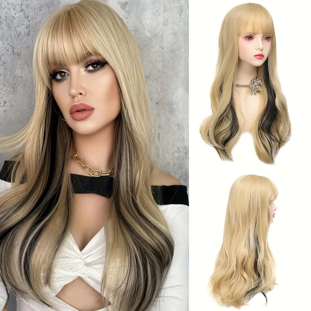 

Synthetic long wave wig with bangs golden highlight brown heat resistant fiber for women girls party daily use