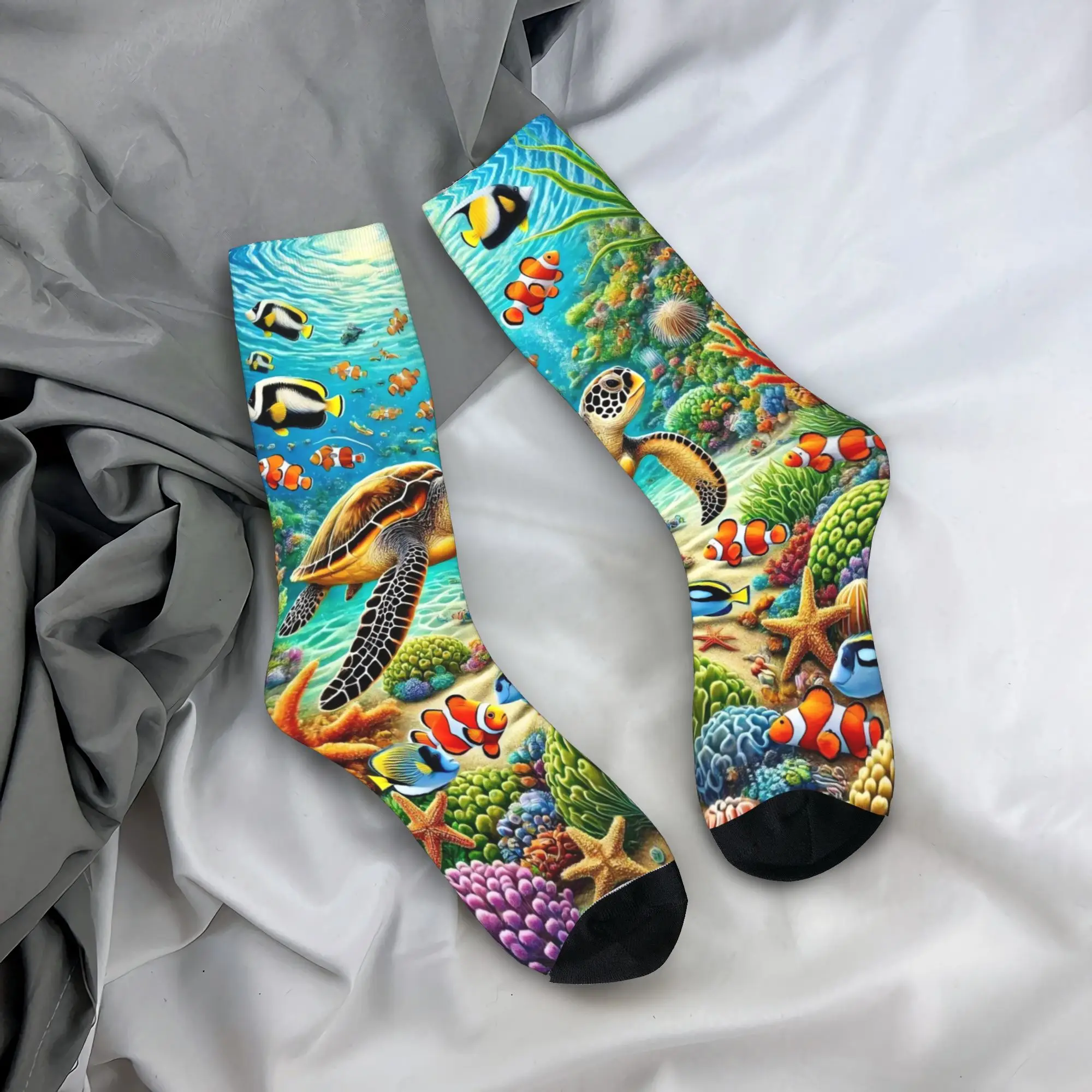 Unisex Men Socks Retro Fun Underwater Sea Turtle Art  Stockings Anti Bacterial Quality Socks Autumn Fashion Climbing Socks