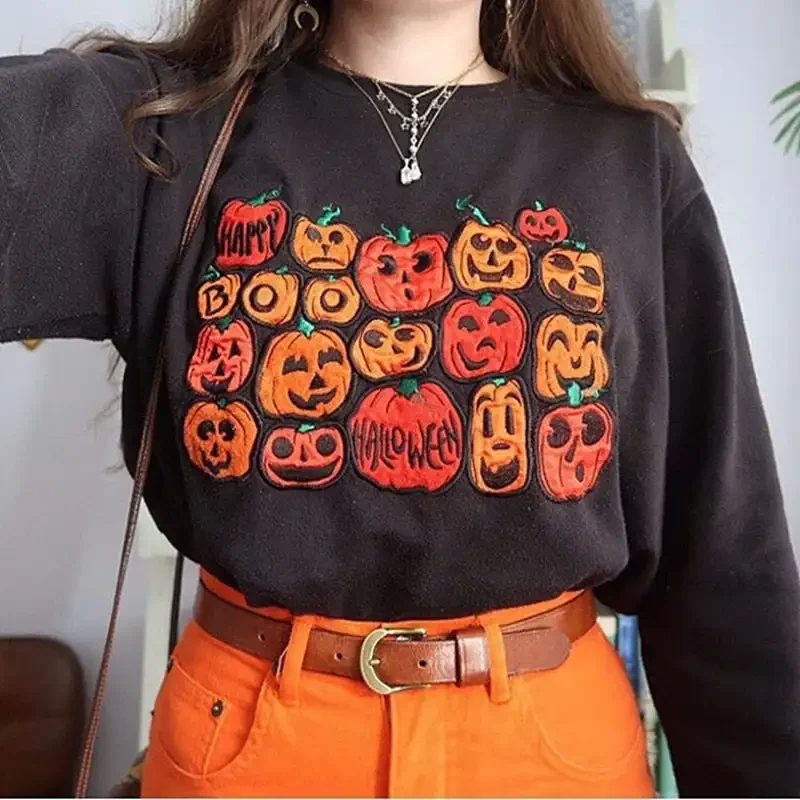 

Combhasaki Women's Y2K Vintage Halloween Hoodies Long Sleeve Round Neck Gothic Embroidery Pumpkin Pullover Sweatshirt Fall Tops