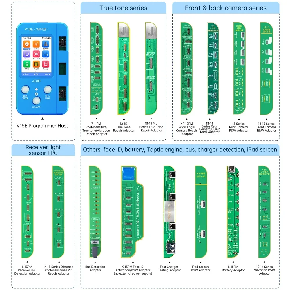 Jcid V1SE-18 in 1ドットマトリックスFace IDプログラマーforiPhone、x、11、12、13、14、15pm、True Tone、バッテリー、データ、sn読み取り、書き込み