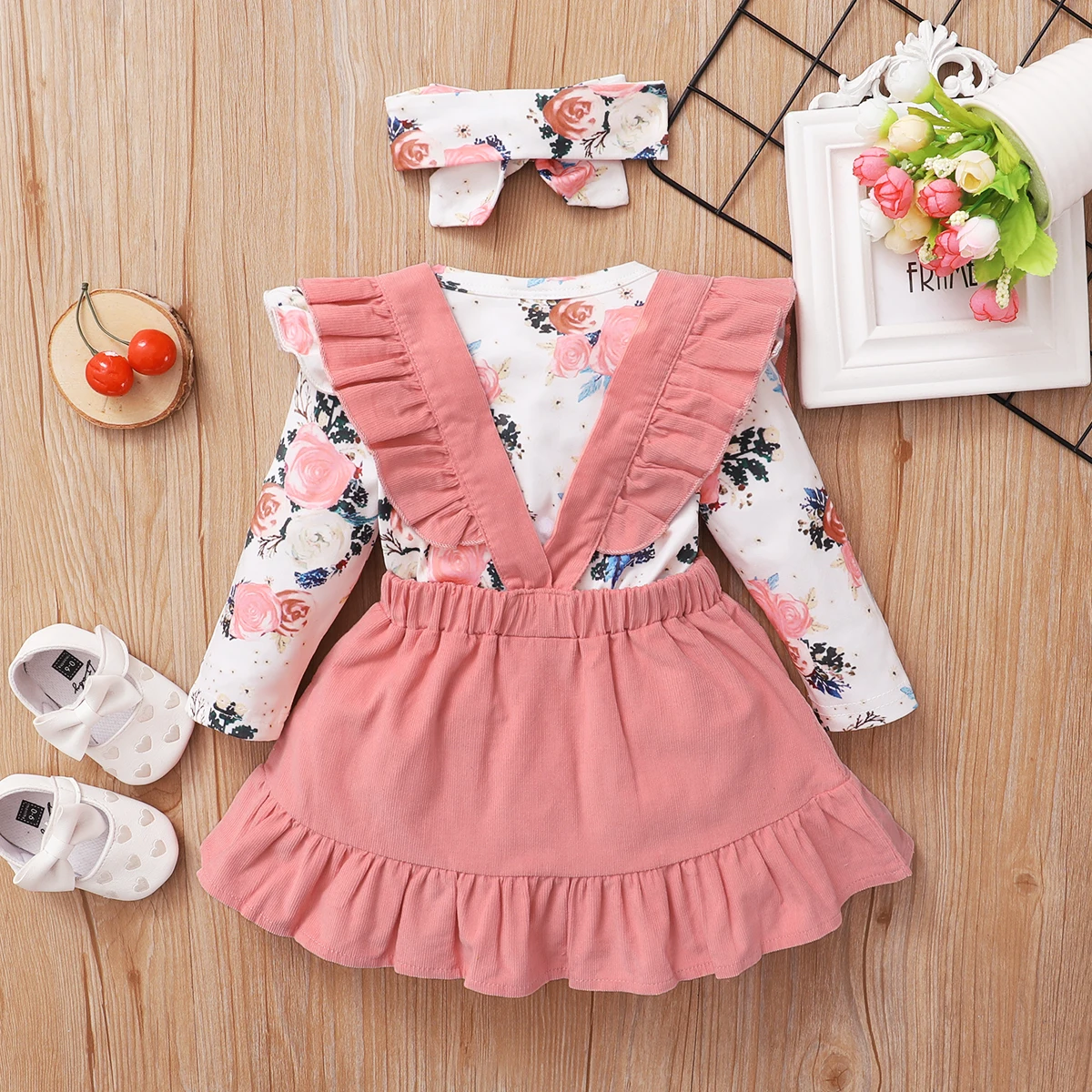 3PCS Clothes Set Newborn Baby Girl Floral Long Sleeve Romper +Suspender Skirt+Headband Spring&Autumn Cute Outfit for 0-12 Months