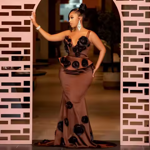 Elegance African Brown Evening Dresses Handcrafted Flowers Birthday Dress Black Women Formal Party Dress Tradition Wedding Gown