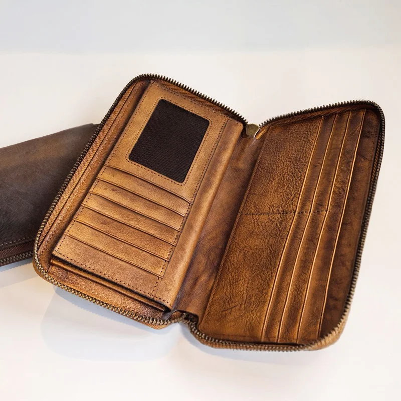 Hand-planted tanned cow leather long purse women's casual everything mobile phone bag wallet leather Photo bag
