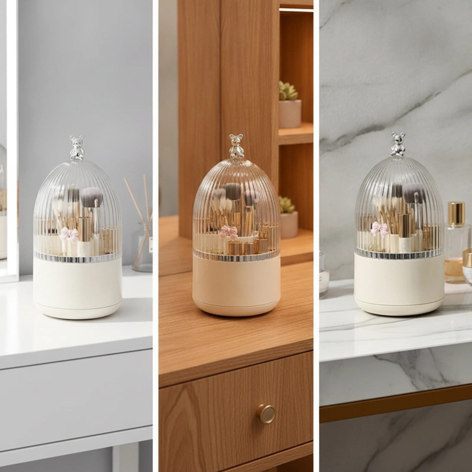 Makeup Brush Storage Box Clear Visibility Rotating Makeup Organizer with Lid Cosmetic Storage Box with Dome Lid Covered Compact