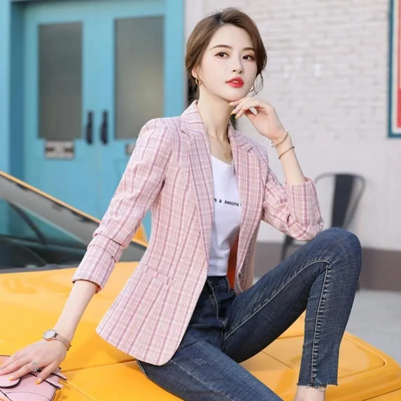 Spring Autumn Casual Women Blazer Lady Office Work Suit Slim Plaid Jacket Long-Sleeved One Button Women\'s Blazers Clothing New