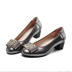 Leather Shoes Slip-on Shallow Mouth Bow Women's Shoes Large Size Pumps Soft Bottom Mid Heel Round Head Silver Ladies Offer Toe