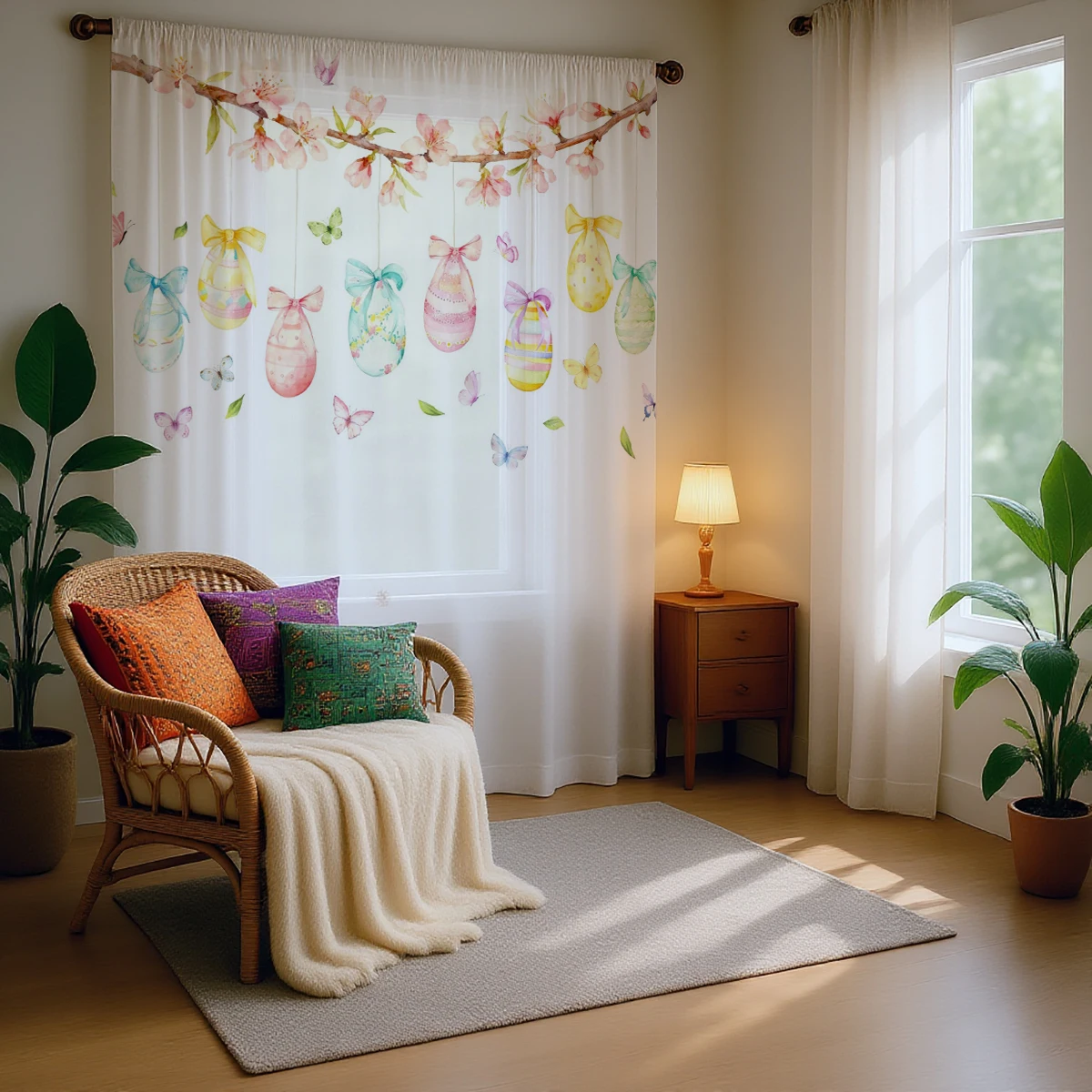 1PC Easter Egg Sheer Curtain - Hanging Egg & Cherry Blossom Pattern Pole Window Curtain for Spring Decor