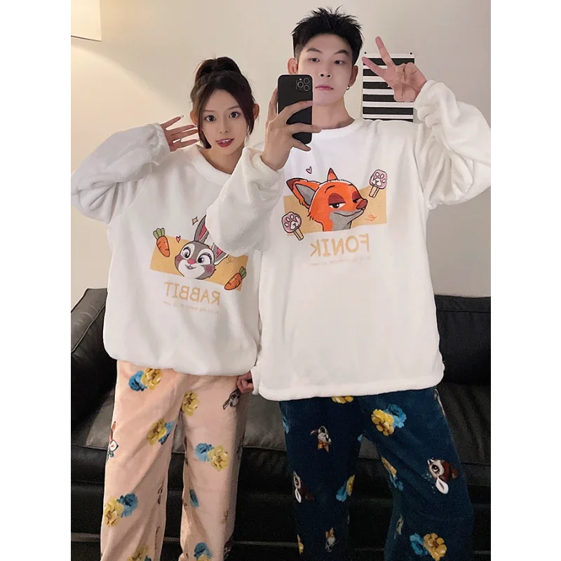 Cartoon Disney couple pajamas winter coral fleece long-sleeved trousers two-piece set loungewear women\'s pajamas loungewear