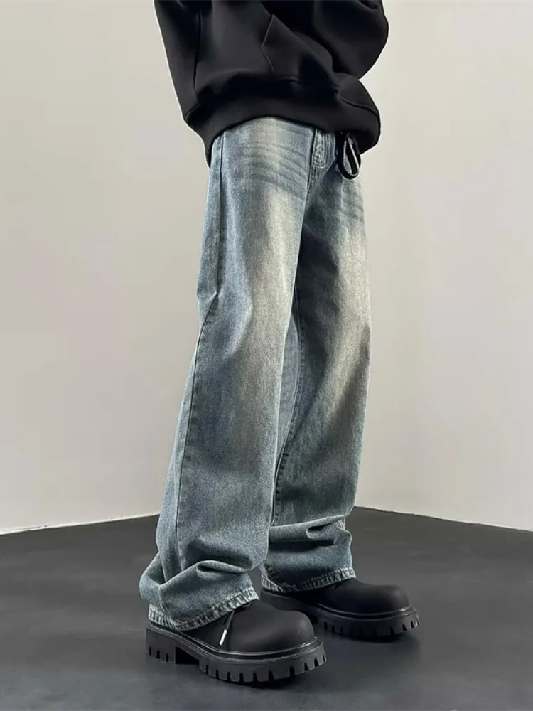 

American Retro adient Blue Jeans Men's Extended Length Tall Loose Straight Leg Micro Flared Pants Youth Trendy Jeans