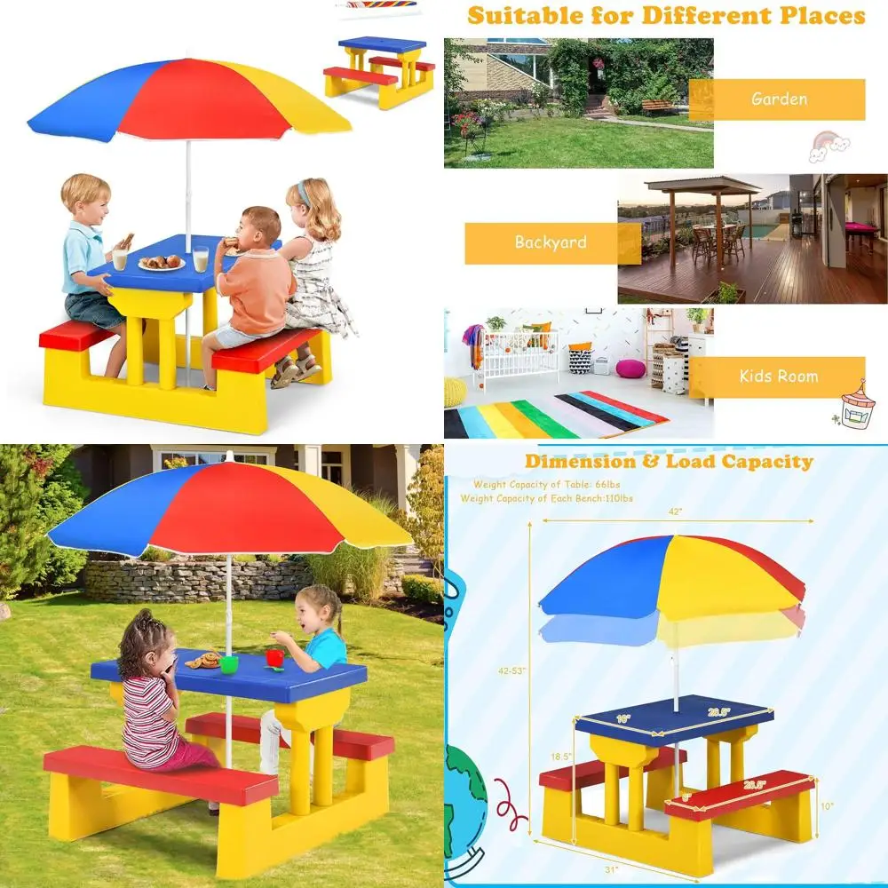 

Children's Portable Picnic Table Set with Folding Umbrella, Ideal for Outdoor and Indoor Use, Suitable for Boys and Girls (Color