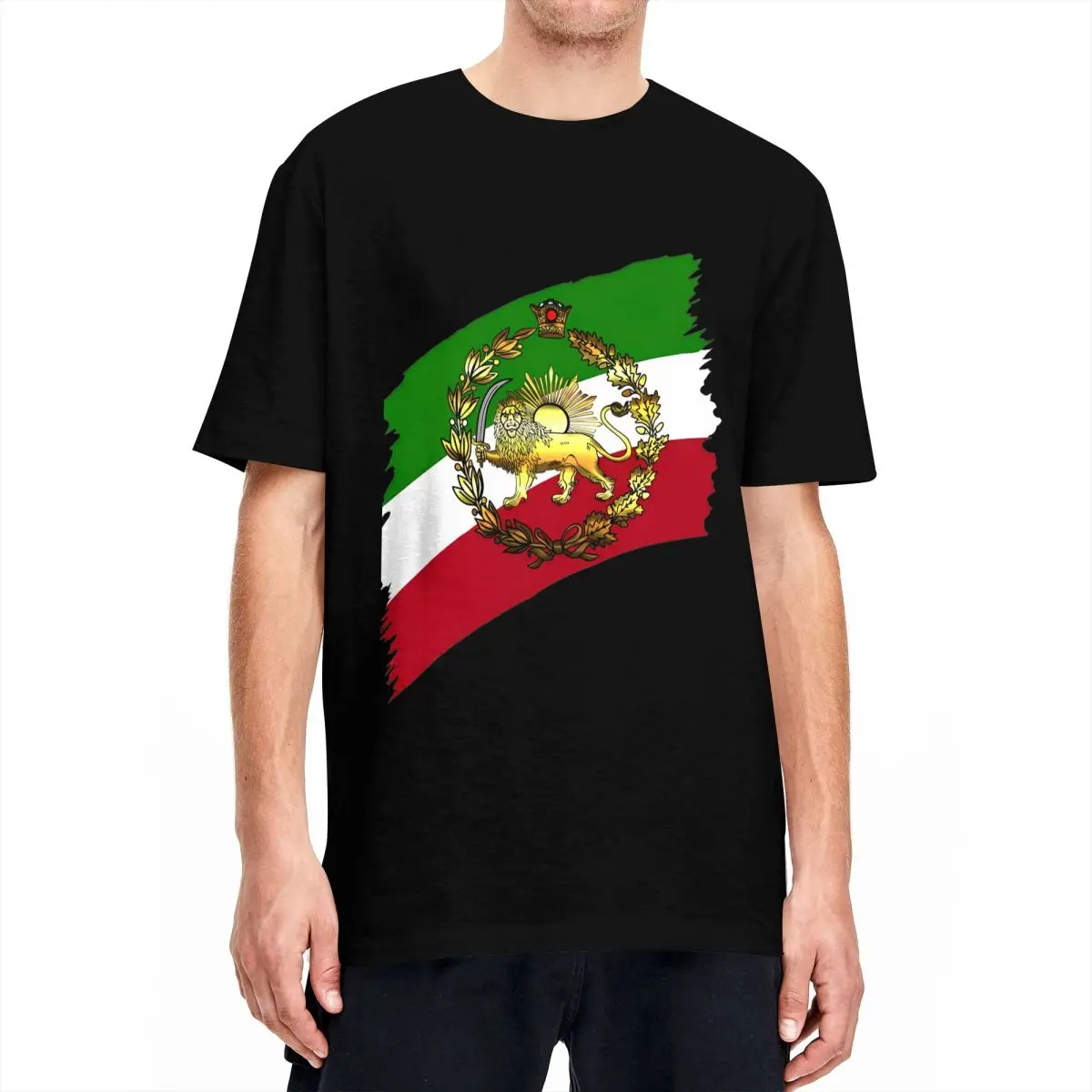 Iran Pahlavs Flag With Lion And Crown T-Shirt Men Classic Pure Cotton T-Shirts Beach O Neck Hip Hop Tee Shirt Wholesale Clothes