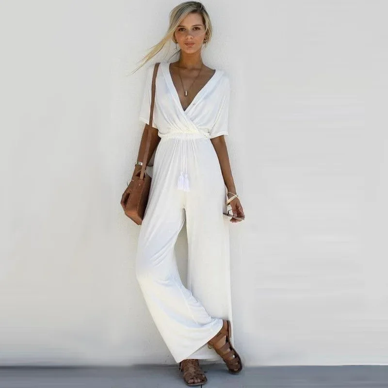 Jumpsuit Women 2024 Summer V-neck Short Sleeve Elegant Streetwear Jumpsuits for Quality Clothing Pantolonlar Solid Color Romper