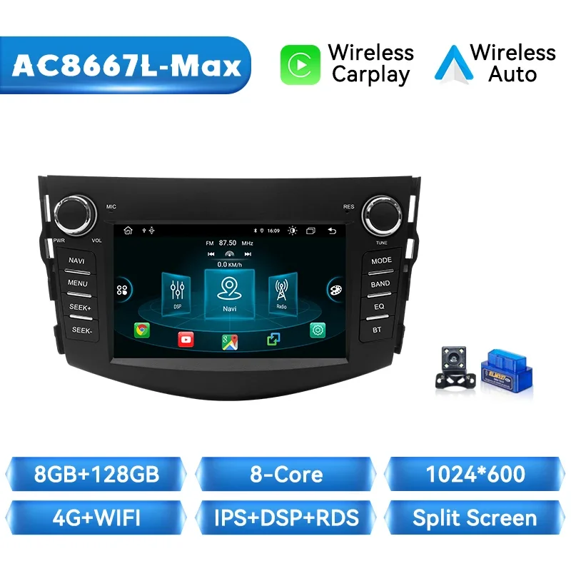Ai Voice Draadloze Carplay Autoradio Speler Voor Rav4 2006 2007 2008 2009 2010 2011 2012 Android 14 Autoradio 8 + 128Gb Stereo Audio