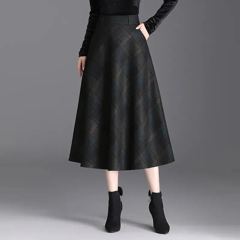 

Шерстяная клетчатая юбка, женская осенне-зимняя новая юбка трапециевидной формы с высокой талией, стильная утягивающая юбка средней длины